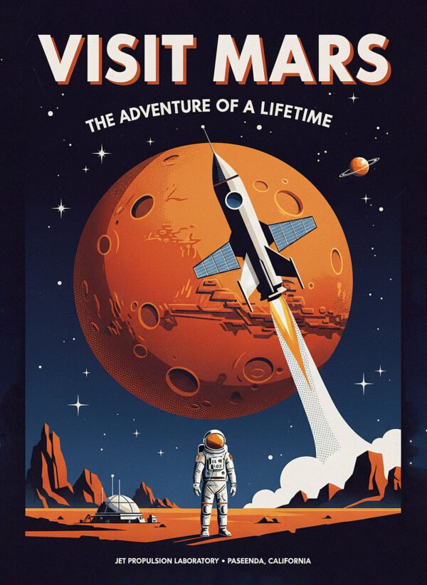 Poster retro Viaje a Marte estilo NASA vintage con planeta rojo y tipografía exploración espacial