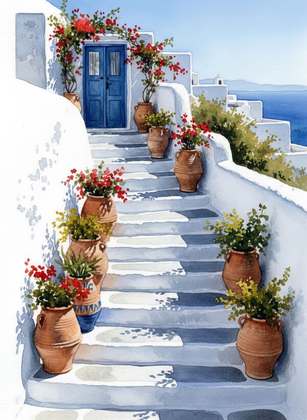 Lámina arquitectura mediterránea con escaleras blancas puertas azules y macetas estilo Grecia