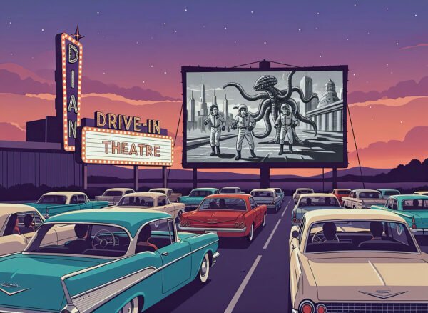 Poster ilustrado drive-in teatro cine aire libre años 60 coches vintage pantalla atardecer americano