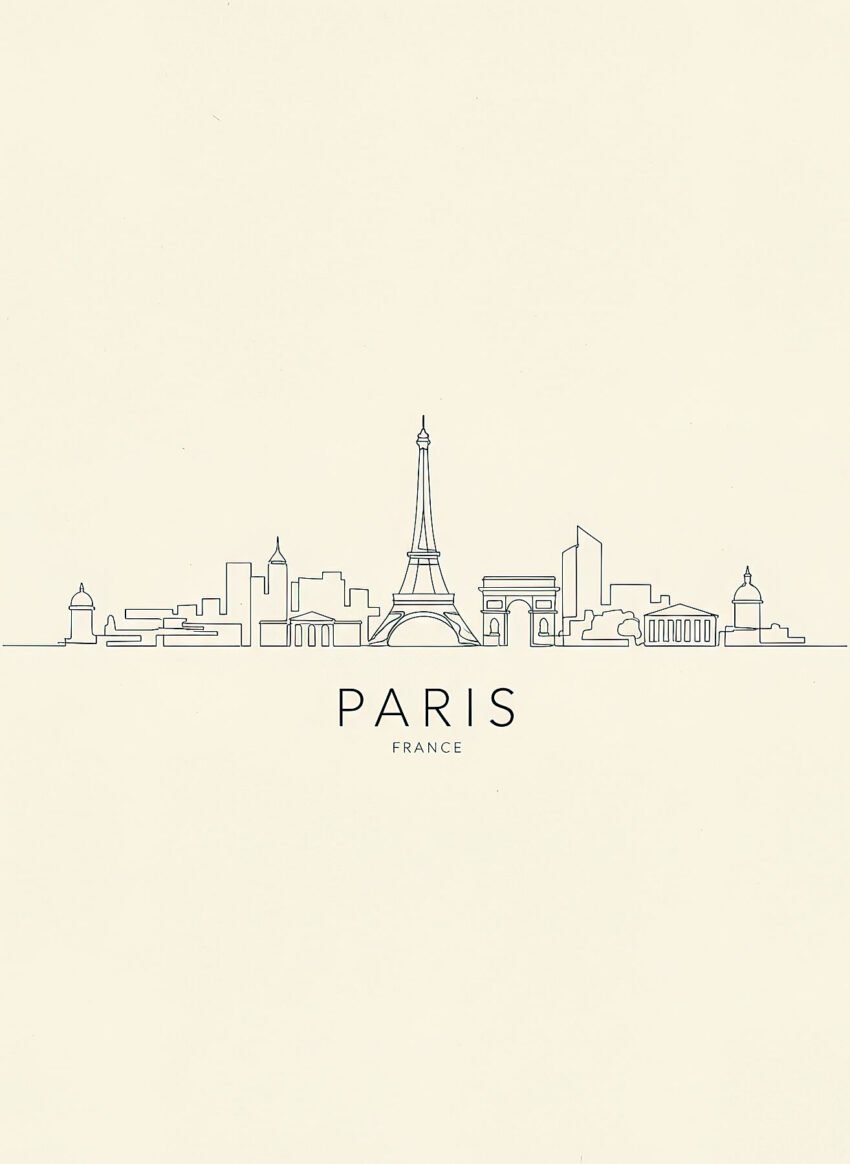 Lámina minimalista París en Líneas con skyline Torre Eiffel en line art continuo