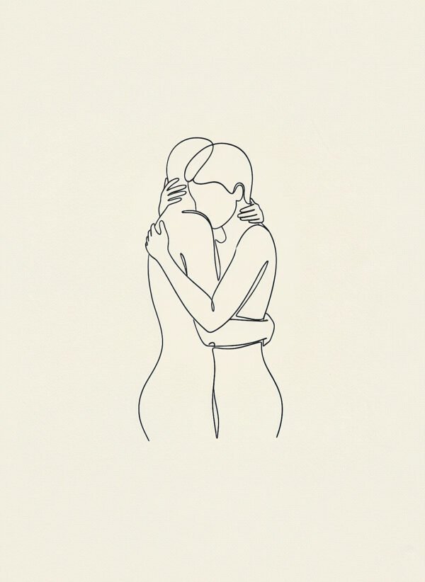 Lámina minimalista Abrazo con pareja abrazándose en line art continuo