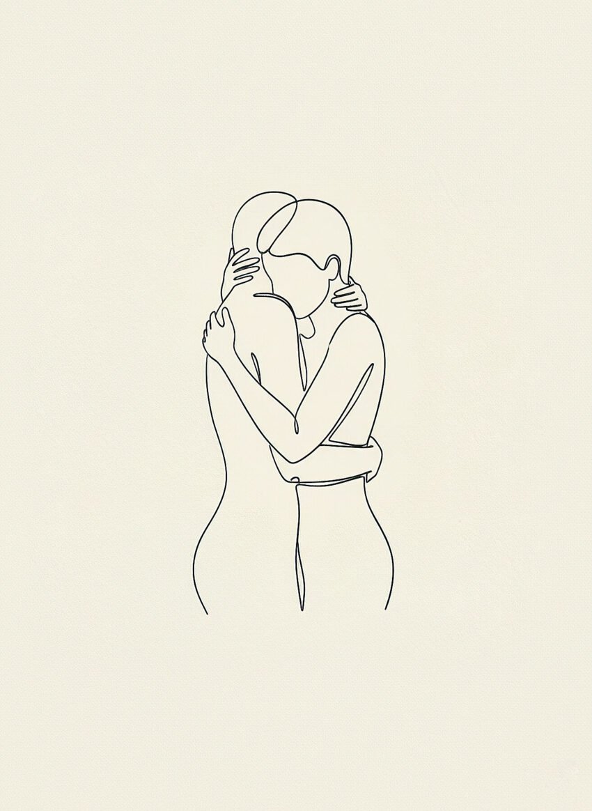 Lámina minimalista Abrazo con pareja abrazándose en line art continuo