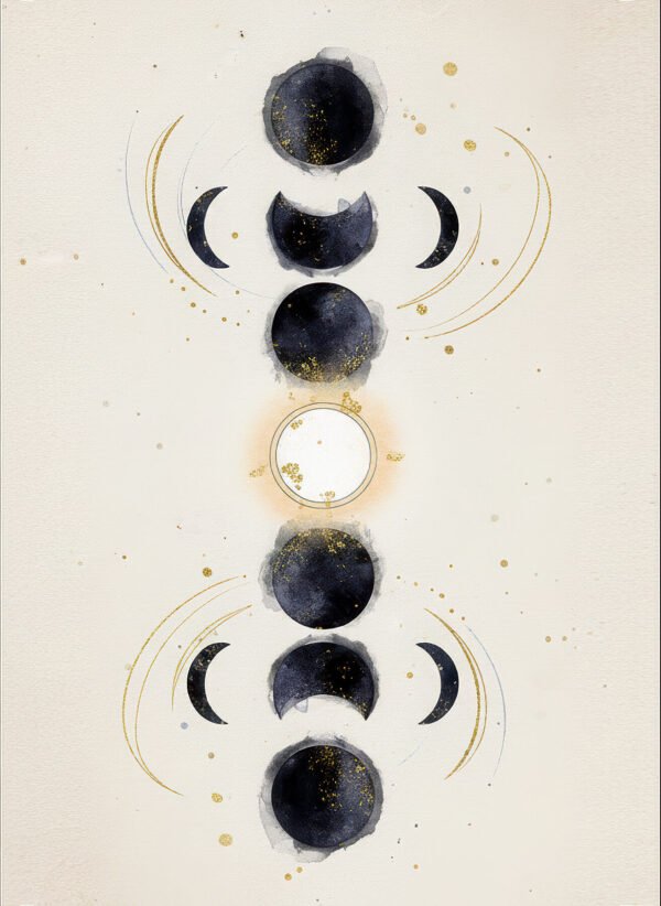 Lámina minimalista Fases con ciclo lunar completo en diseño geométrico blanco y negro