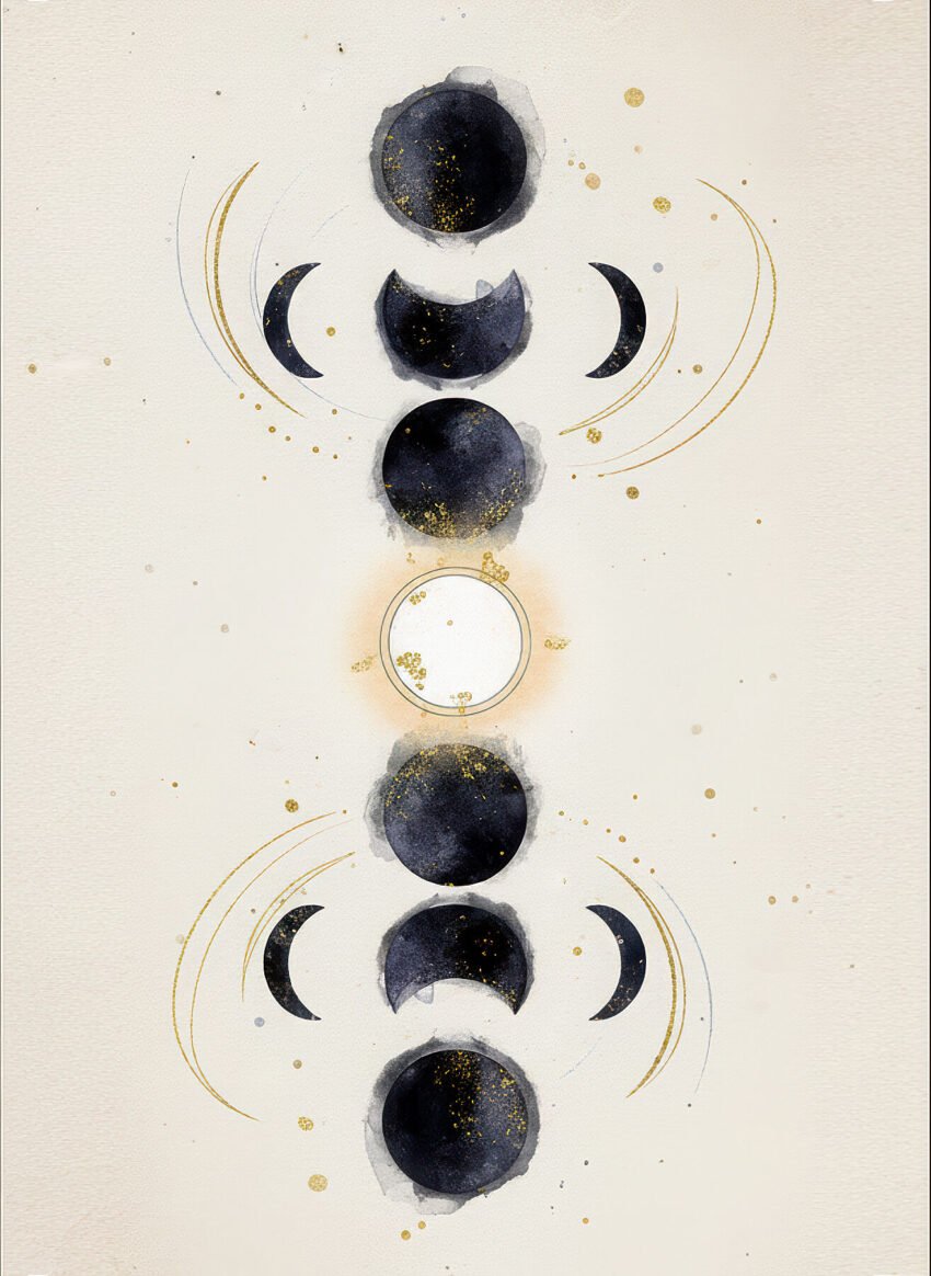 Lámina minimalista Fases con ciclo lunar completo en diseño geométrico blanco y negro