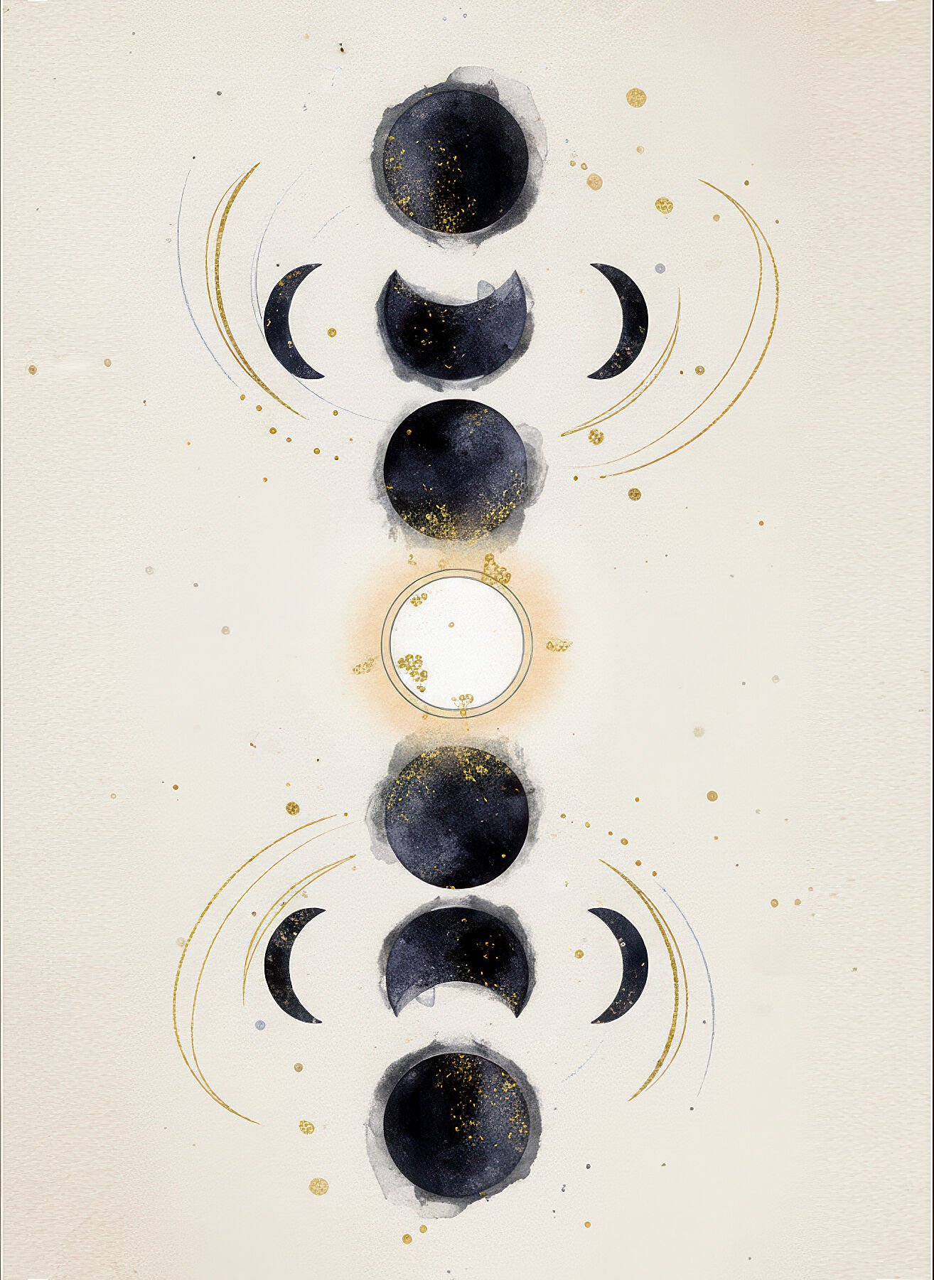 Lámina minimalista Fases con ciclo lunar completo en diseño geométrico blanco y negro