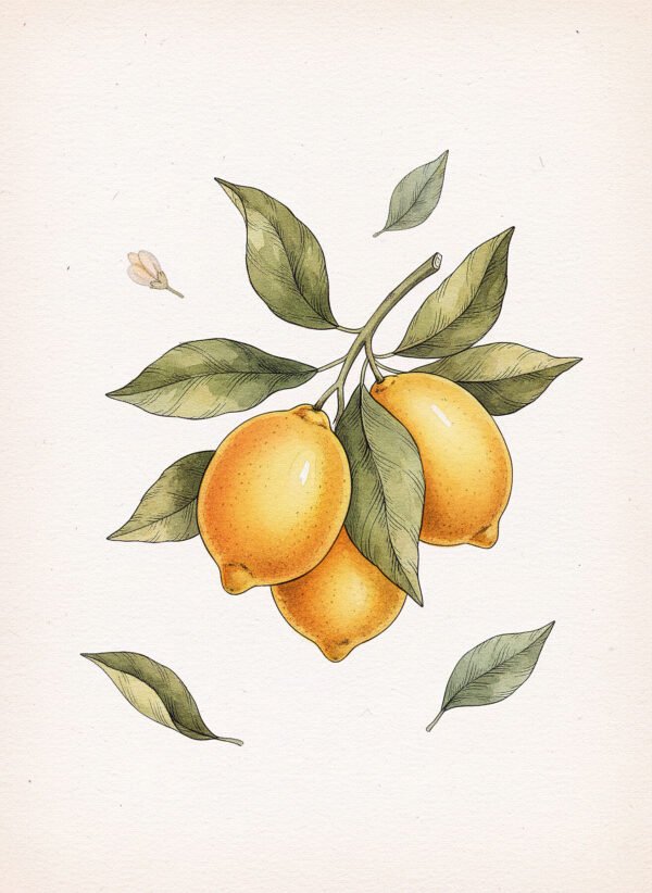 Lámina botánica vintage Limones de la Riviera con cítricos acuarela estilo mediterráneo para cocina
