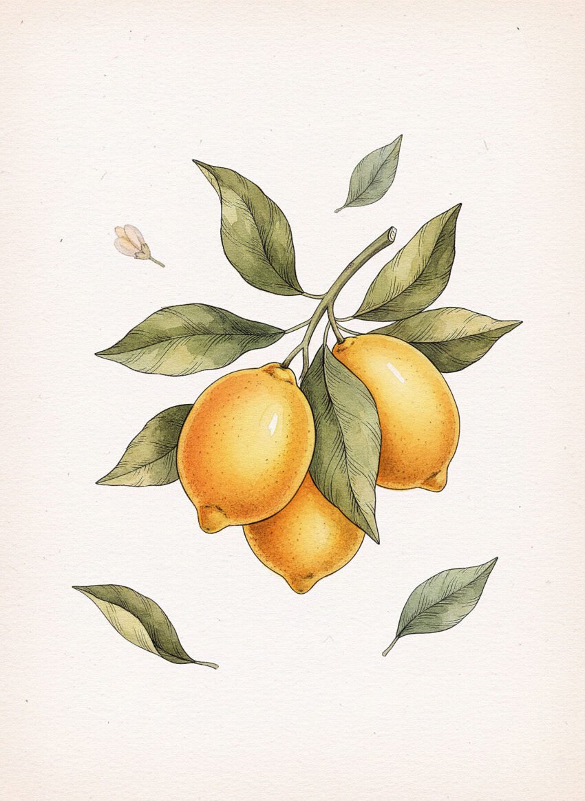 Lámina botánica vintage Limones de la Riviera con cítricos acuarela estilo mediterráneo para cocina