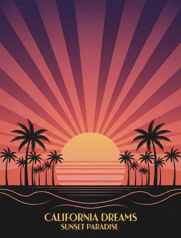 Lámina art déco retro Sunset Boulevard con sol geométrico y palmeras estilo California vintage
