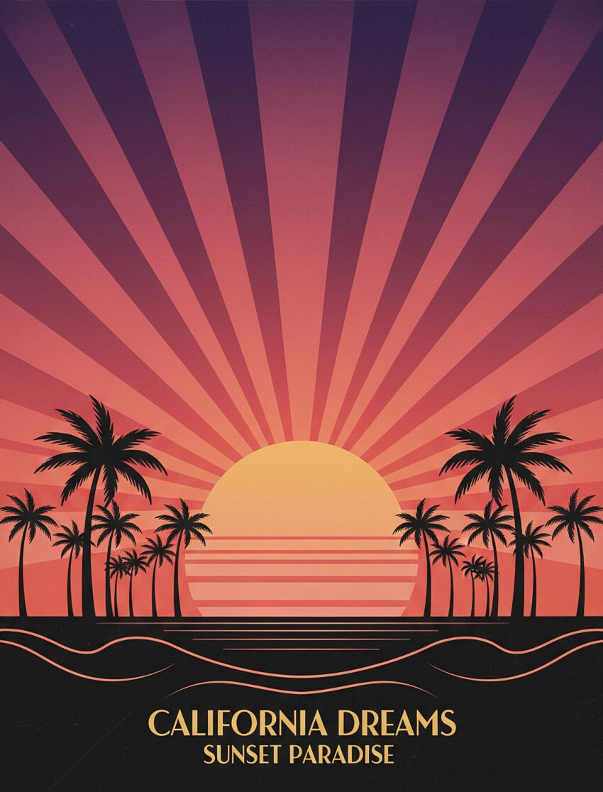 Lámina art déco retro Sunset Boulevard con sol geométrico y palmeras estilo California vintage