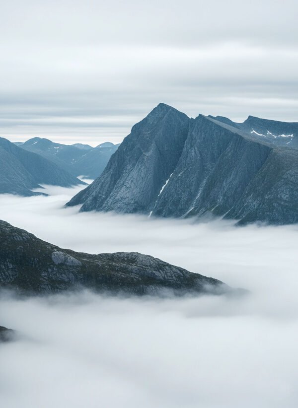 Fotografía montañas noruegas niebla capas picos siluetas azul gris atmosférico vertical paisaje nórdico