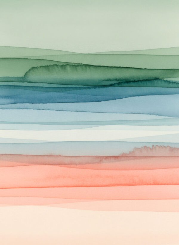 Lámina abstracta Horizontes Líquidos con bandas horizontales en tonos verde azul coral estilo acuarela