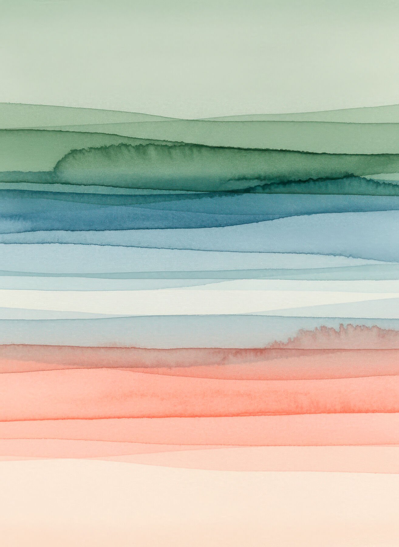 Lámina abstracta Horizontes Líquidos con bandas horizontales en tonos verde azul coral estilo acuarela