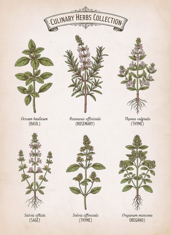Lámina botánica vintage Hierbas de Cocina con ilustraciones de albahaca romero tomillo salvia orégano