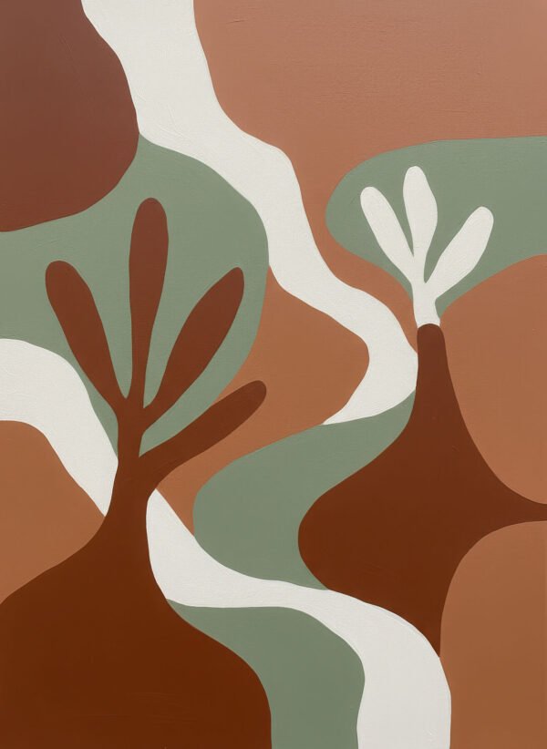 Lámina abstracta moderna Terranova con formas orgánicas en tonos tierra terracota y verde salvia"