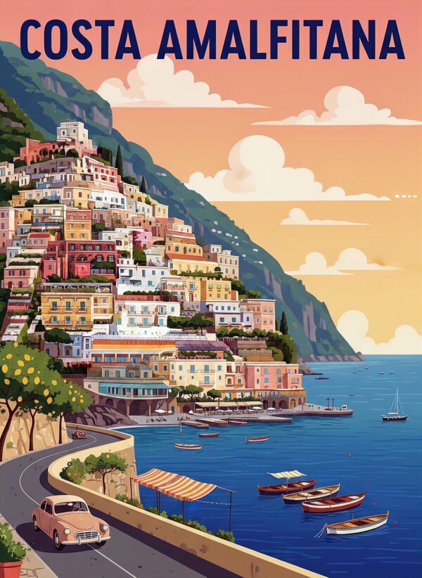 Poster viaje vintage Costa Amalfitana Italia casas coloridas acantilado limoneros barcos mar azul ilustración años 50 estilo italiano