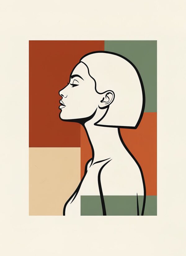 "Lámina retrato moderno Perfil Moderno con mujer en perfil y fondo geométrico terracota verde