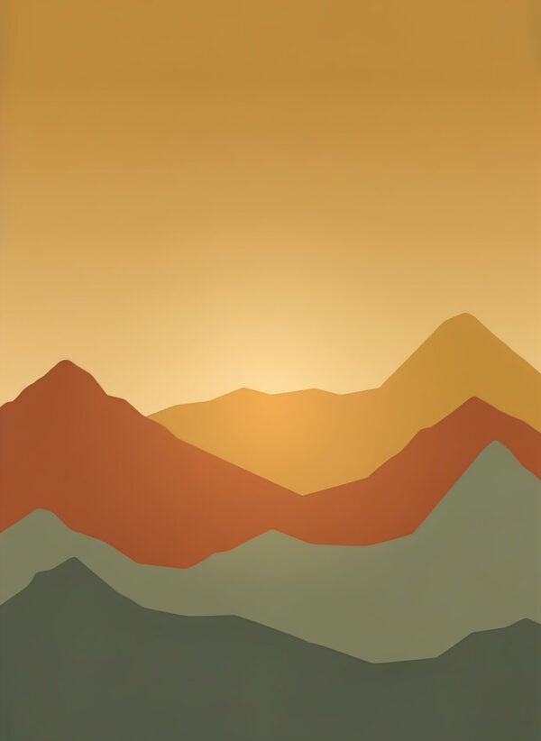 Lámina paisaje abstracto Montañas Doradas con picos estilizados en tonos dorados atardecer