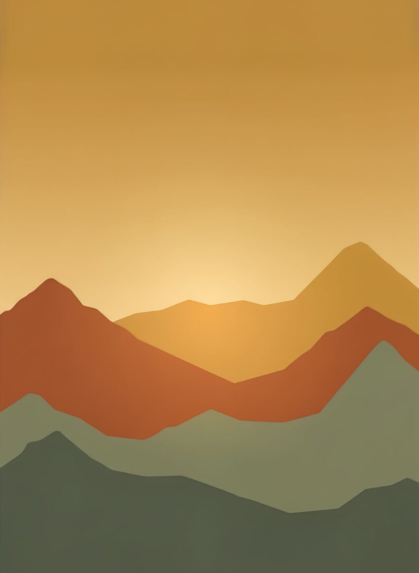 Lámina paisaje abstracto Montañas Doradas con picos estilizados en tonos dorados atardecer
