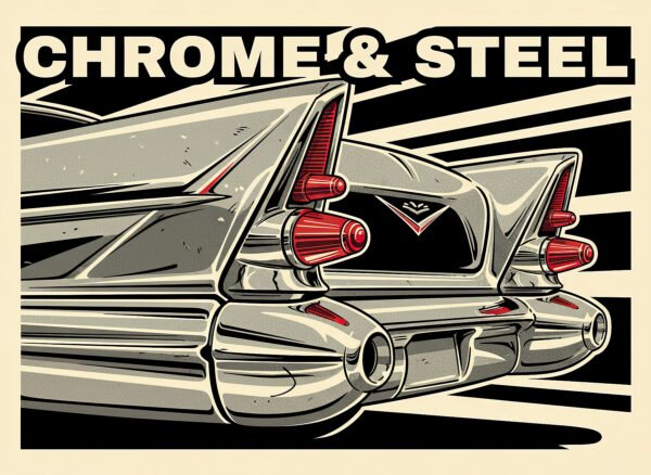 Poster ilustrado close-up chrome bumper luces traseras coche americano años 50 brillos reflejos abstracto