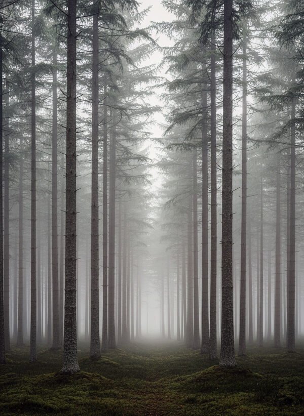 Fotografía paisaje nórdico bosque pinos escandinavos niebla matinal verde salvia gris minimalista sereno Suecia