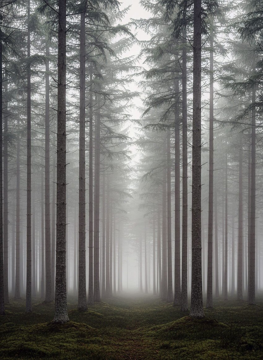 Fotografía paisaje nórdico bosque pinos escandinavos niebla matinal verde salvia gris minimalista sereno Suecia