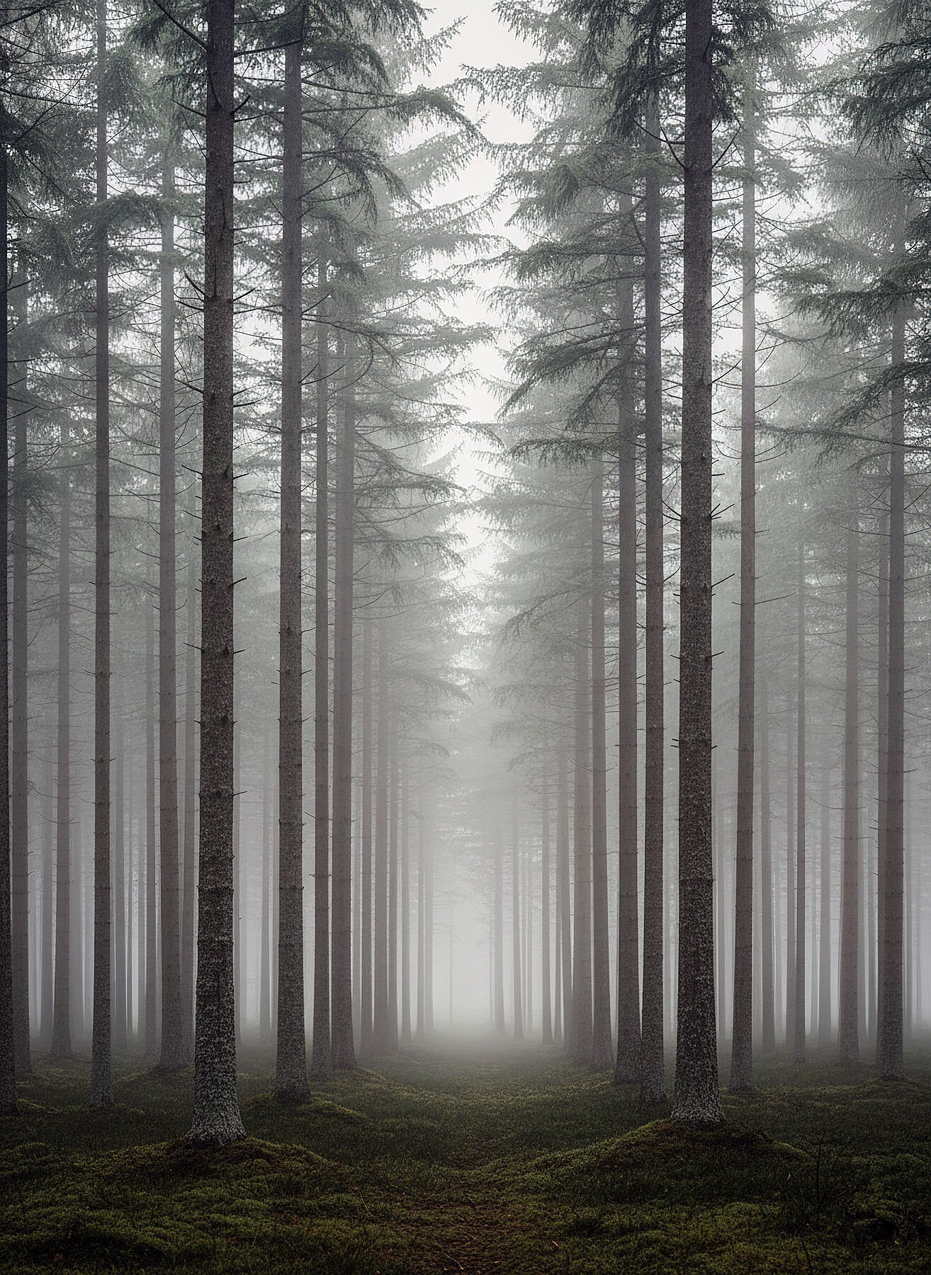 Fotografía paisaje nórdico bosque pinos escandinavos niebla matinal verde salvia gris minimalista sereno Suecia