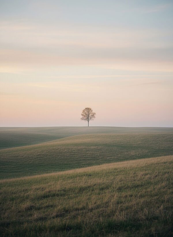 Fotografía campo sueco colinas árbol solitario horizonte verde beige pastel paisaje pastoral nórdico