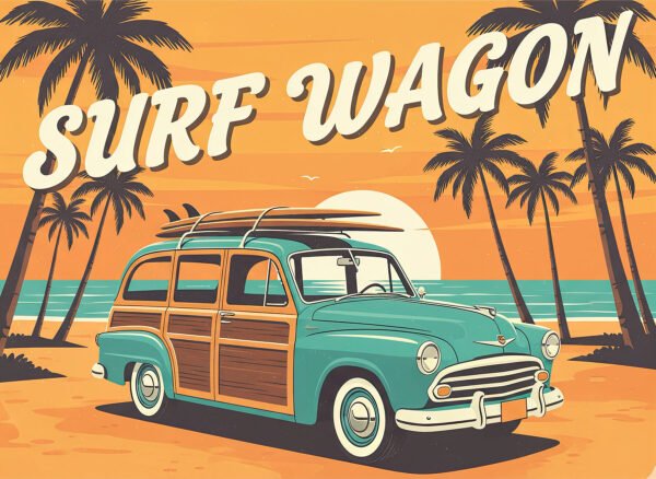 Poster ilustrado woodie wagon madera tablas surf playa California palmeras años 60 cultura surf retro