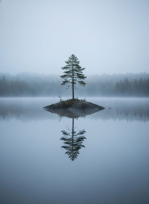 Fotografía lago finlandés agua espejo pino isla reflejo niebla minimalista paisaje nórdico azul gris
