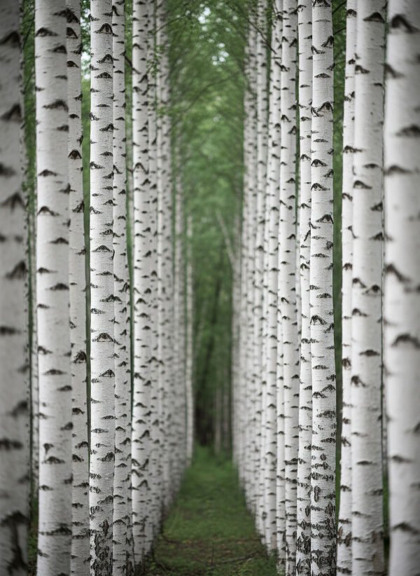 Fotografía bosque abedules troncos blancos corteza patrón repetitivo verde minimalista nórdico