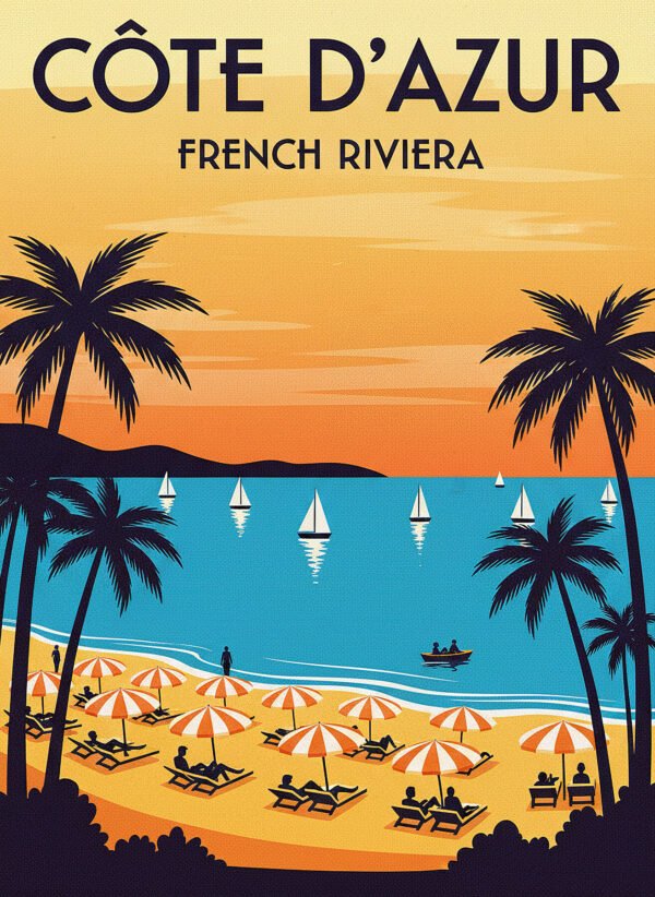 Poster viaje vintage ilustrado Côte d'Azur Riviera Francesa parasoles yates turquesa estilo años 60 retro