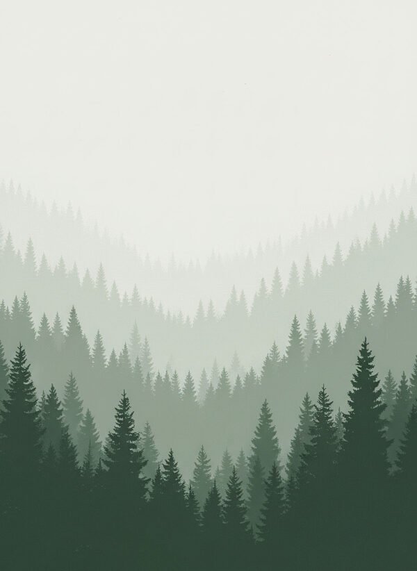 Lámina minimalista Bosque Nórdico con pinos en niebla estilo escandinavo atmosférico