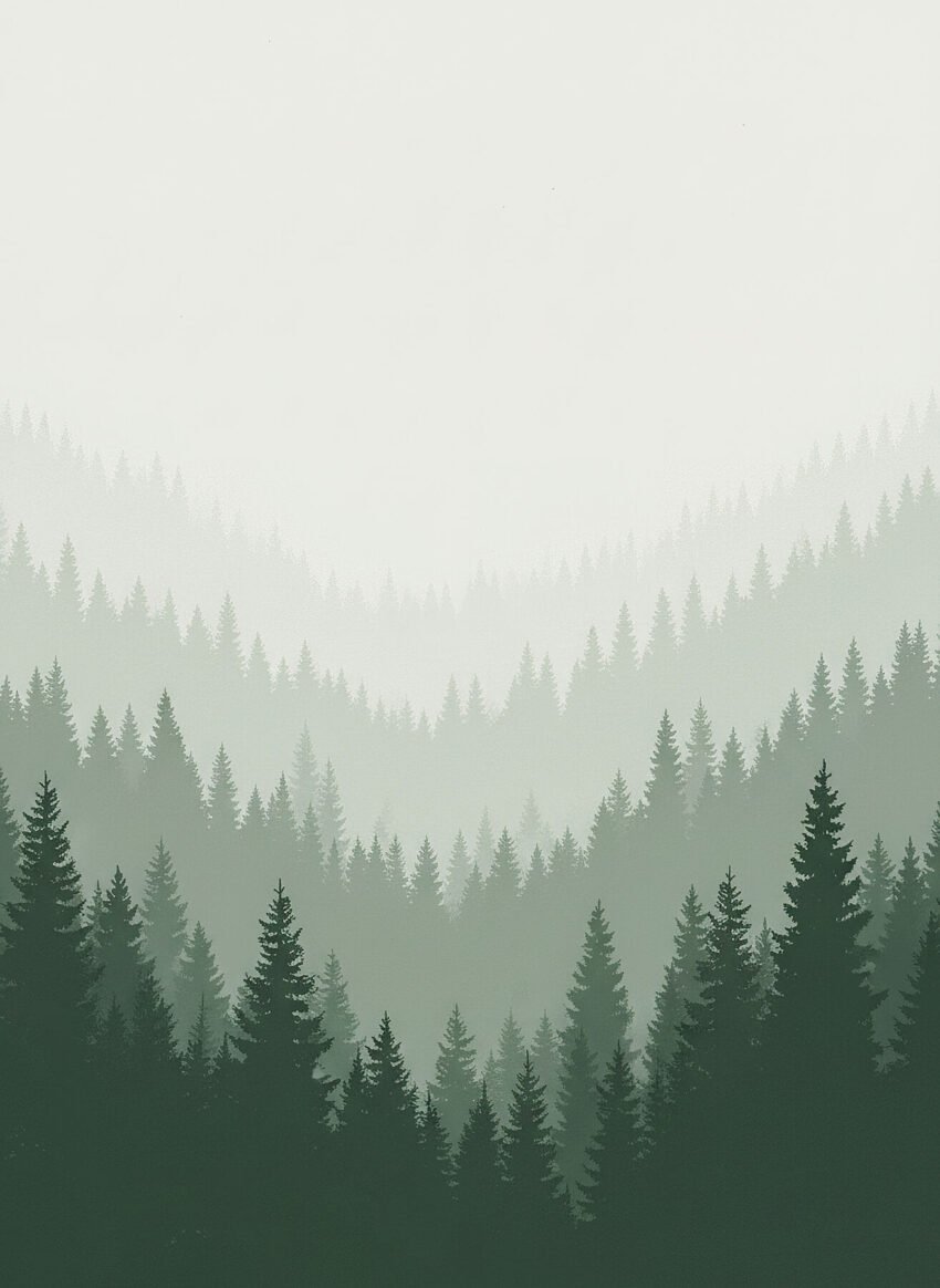 Lámina minimalista Bosque Nórdico con pinos en niebla estilo escandinavo atmosférico