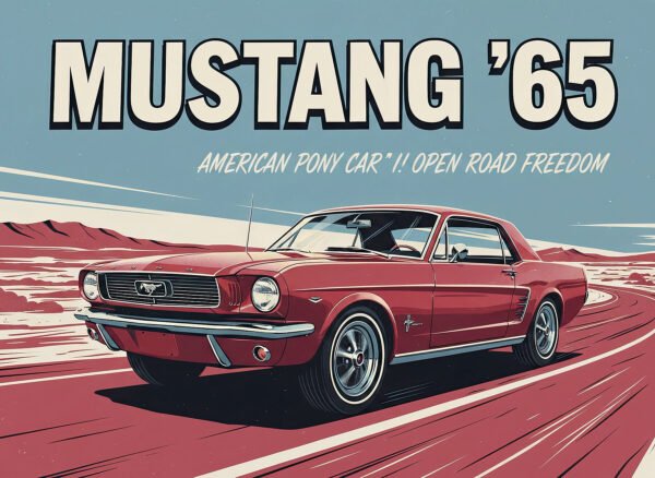 Poster ilustrado Ford Mustang 1965 rojo fastback carretera desierto muscle car pony car americano