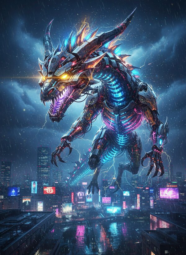 Dragón de Cables y Luz | RetroArtHub Dragón futurista de cables y neón sobre Tokio. Arte épico y sci-fi.