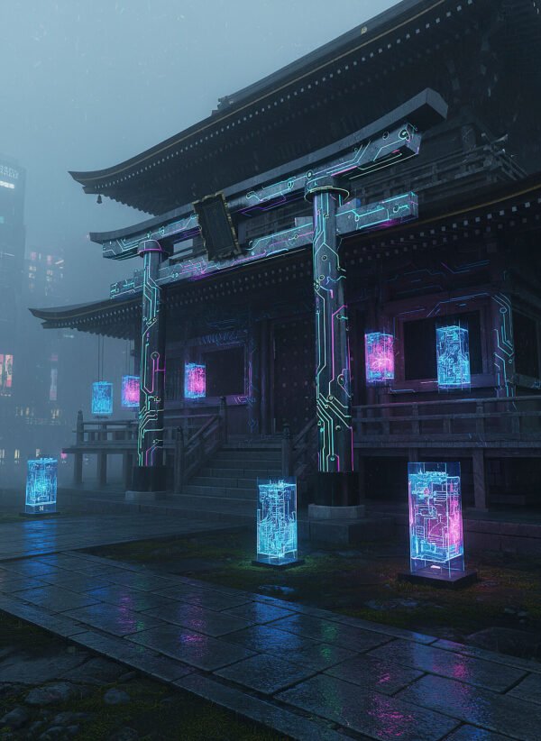 Ecos del Templo de Silicio | RetroArtHub Templo japonés fusionado con tecnología y neón. Arte espiritual y futurista.