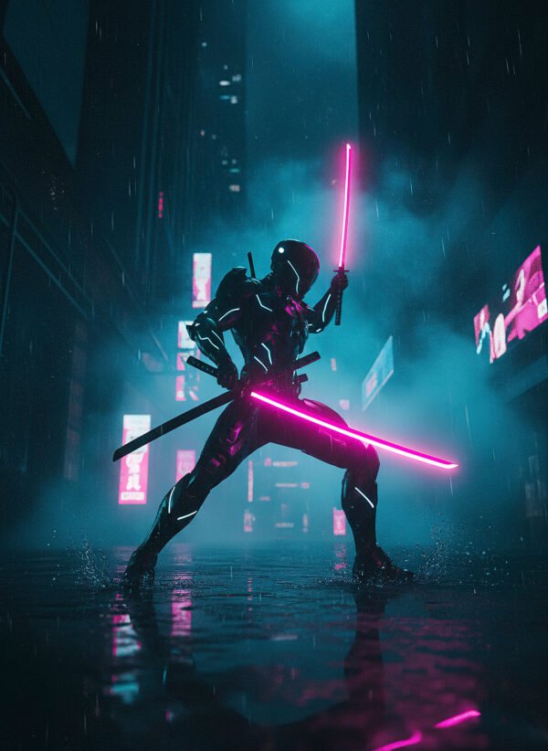 Katanas en la Niebla Neón | RetroArtHub Guerrero cyberpunk con katanas neón en niebla futurista. Arte dinámico y detallado.