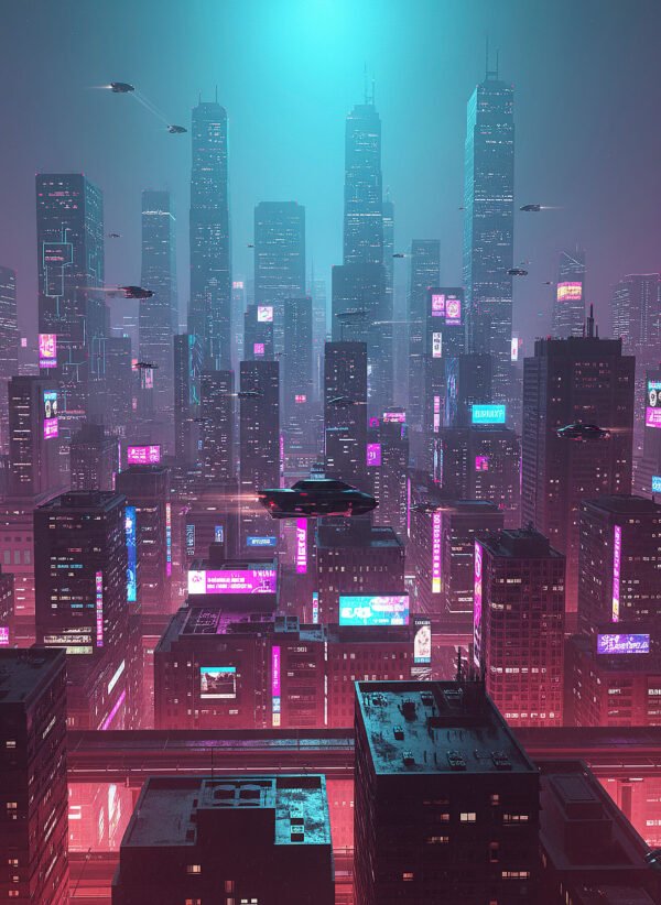 Horizonte de Megalópolis Infinita | RetroArtHub Skyline futurista con neón y niebla. Arte panorámico y espectacular.