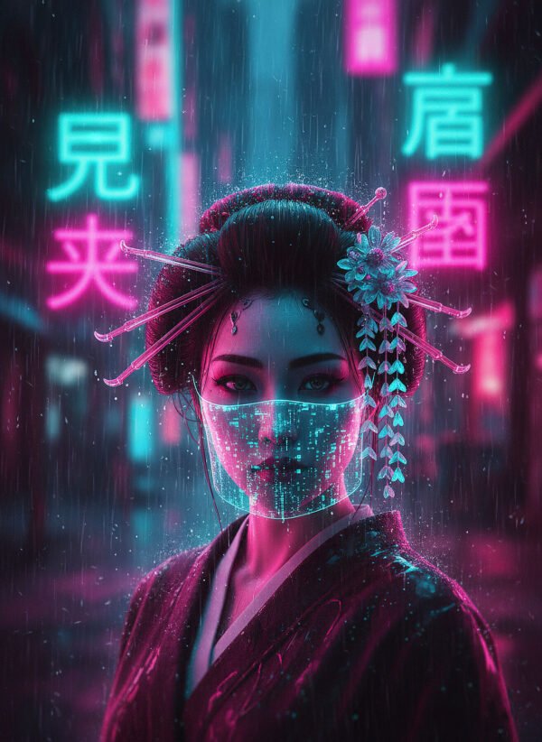 Geisha del Velo Digital | RetroArtHub Geisha cyberpunk con velo holográfico. Arte elegante y futurista.