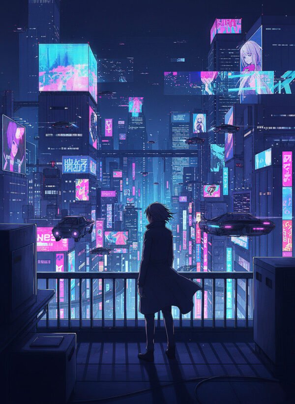 Sueños de Tokio Oscuro | RetroArtHub Paisaje anime distópico con skyline neón. Obra emocional y futurista. Perfecto para fans del estilo