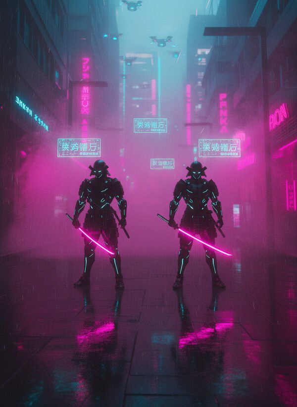 Guardianes del Distrito Cibernético | RetroArtHub Dúo de samuráis cibernéticos en un callejón neón. Obra intensa y futurista. Ideal para espacios creativos.