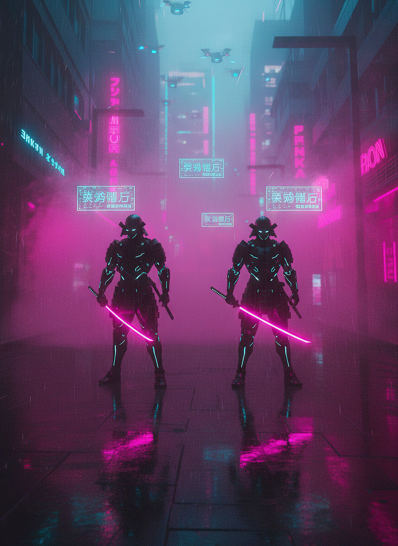 Guardianes del Distrito Cibernético | RetroArtHub Dúo de samuráis cibernéticos en un callejón neón. Obra intensa y futurista. Ideal para espacios creativos.