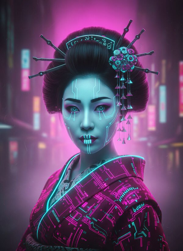 Geisha del Circuito Lunar | RetroArtHub Geisha futurista con detalles cibernéticos y luces neón. Arte elegante y sci-fi. Ideal para decoración
