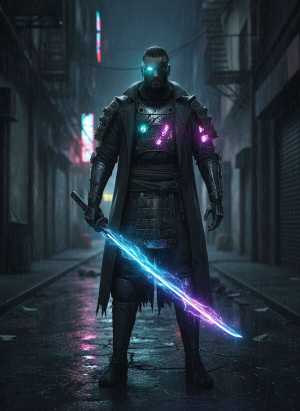 El Ronin del Circuito Roto | RetroArtHub Ronin cyberpunk con implantes rotos. Arte oscuro y dramático.