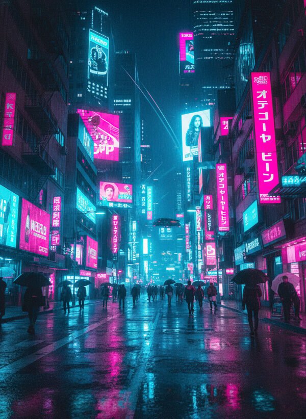 Ciudad que Brilla en la Lluvia | RetroArtHub Ciudad cyberpunk en lluvia brillante. Neón intenso, atmósfera vibrante. Arte perfecto para amantes del futurismo urbano.