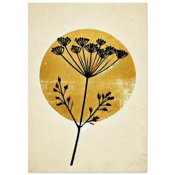 Silueta Botánica en Círculo Dorado lámina impresa decorativa