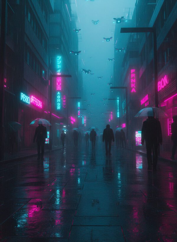 Tormenta Neón en Shinjuku | RetroArtHub Arte cyberpunk de Shinjuku en lluvia neón. Magenta y cian, atmósfera intensa y futurista. Perfecto para decoración moderna.