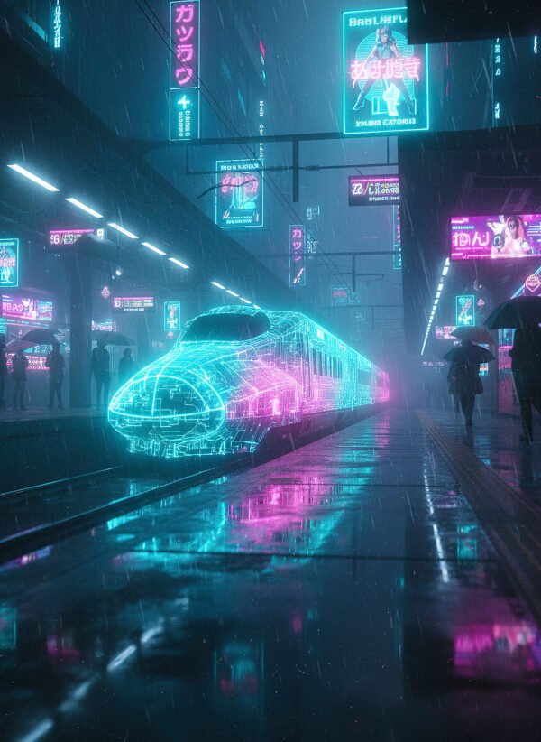 El Último Tren Holográfico | RetroArtHub Tren futurista holográfico en estación neón. Arte vibrante y sci-fi. Impresión premium.