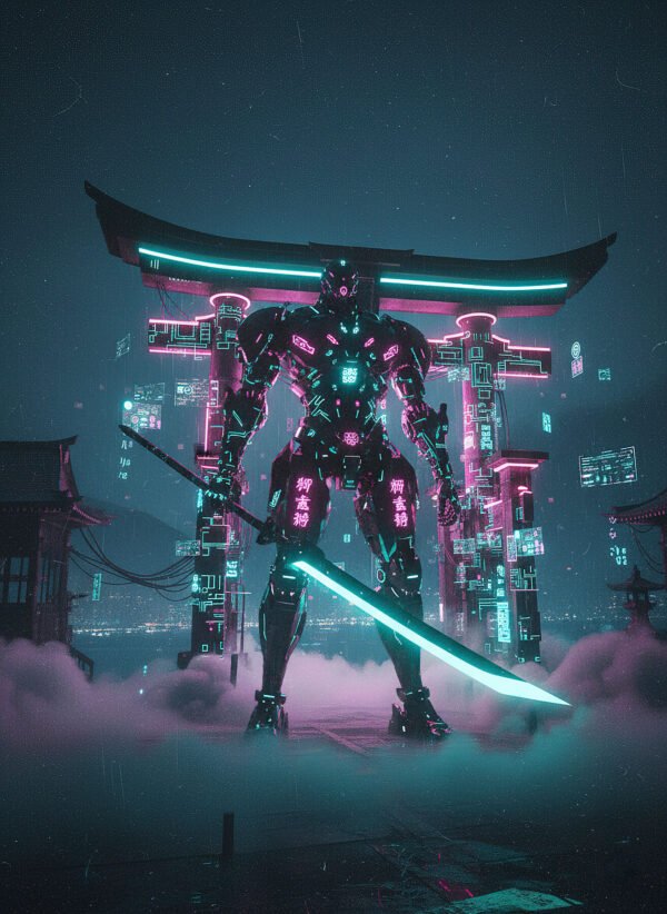 El Guardián del Santuario Digital | RetroArtHub Guardián robótico frente a santuario neón. Arte poderoso y futurista.