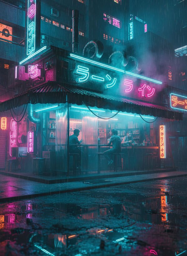 Ramen del Inframundo Neón | RetroArtHub Puesto de ramen cyberpunk en callejón neón. Estética cálida y futurista.